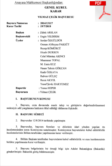 2018 07 19 AYM Yilmaz Celik Basvurusunda 2014 13117 TR 